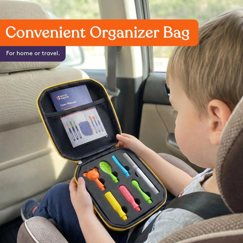 Calming Oral Motor Stimulation Kit With Six Soft Textured Heads in organizer bag held by child in car seat