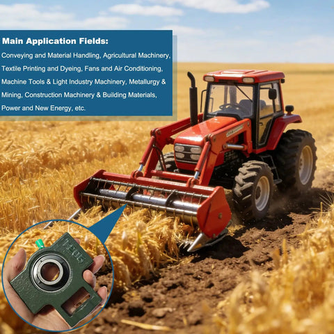 Red tractor in wheat field with inset of Two Pack Pillow Block Bearing With Take Up Design For 1 Inch Bore Self Aligning Chrome Steel Ball Bearings Heavy Duty