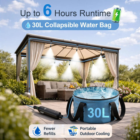 Image showing Portable Outdoor Misting System With Rechargeable Pump 23 Feet Of Mist Tubing 6 Adjustable Nozzles 30L Foldable Water Bag
