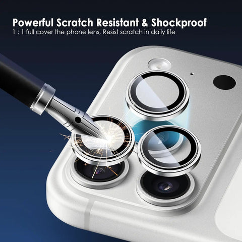 Camera Lens Protector For iPhone 17 Pro And 17 Pro Max 9H Tempered Glass Camera Cover With Silver Metal Ring shown on phone