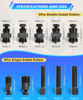 All In One Motorcycle Flywheel Puller Kit With 10 Sizes, featuring 5 double-ended and 5 single-ended pullers, dimensions labeled.