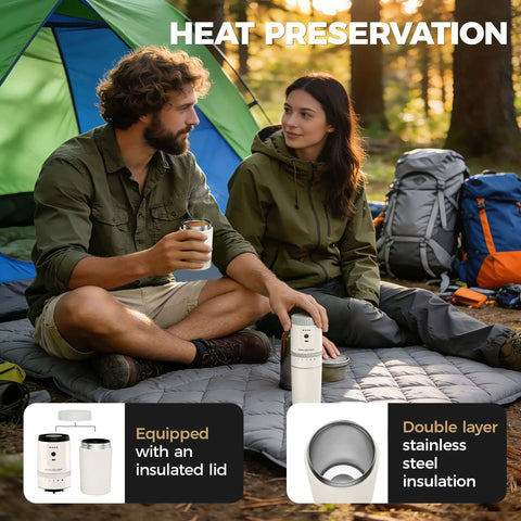 Couple camping with All In One Portable Coffee Maker With Built In Burr Grinder And Pour Over Filter For Travel Car Camping And Home Get Fresh Ground Coffee On The Go Anywhere In Minutes
