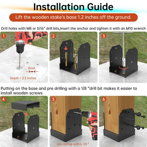 Installation guide for Heavy Duty 4X4 Post Base Anchor For Concrete With Reinforced Bottom Bracket with tools and assembly steps.