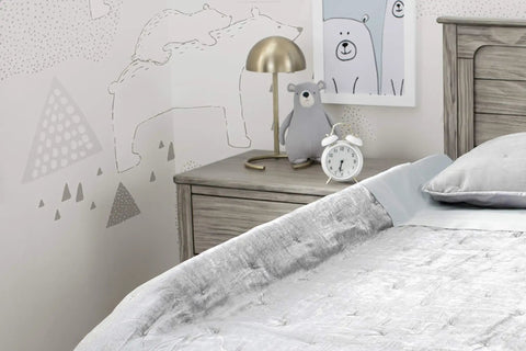 Extra Long Foam Bed Rail For Toddlers And Kids, Water Resistant, Non Slip Guard With Machine Washable Cover, 1 Pack, White, Keeps Little Sleepers Safe From Rolling Out Of Bed, Portable Easy Unroll Design, Cozy Bedtime Shield on bed next to nightstand and bear decor.