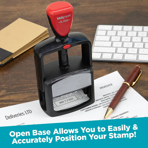 Top Shelf Heavy Duty Self Inking Date Stamp With Crisp Red Ink Lightweight Build Finger Guard Shell One Point Five By Two Point Twenty Five Impressions Snappy Quick Reload Setup on paperwork.