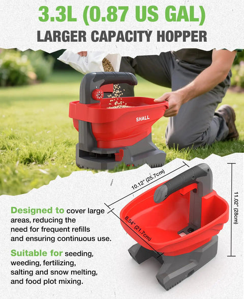 Person using Battery Powered Fertilizer Spreader For Salt Deicer And Lawn Care, red 3.3L hopper, no fuss grip handle