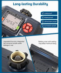 4 Zone Sprinkler Timer For Garden Hose With Rain Delay Manual Auto Irrigation Programmable Outdoor Faucet For Yard And Lawn With 3.4 Inch LCD Display showing durable waterproof features.