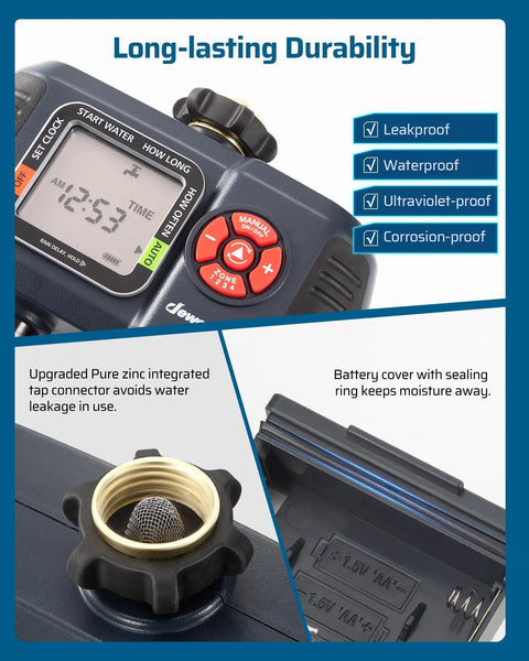 4 Zone Sprinkler Timer For Garden Hose With Rain Delay Manual Auto Irrigation Programmable Outdoor Faucet For Yard And Lawn With 3.4 Inch LCD Display showing durable waterproof features.