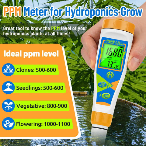 4 In 1 pH EC TDS Temperature Water Tester With Large Display for hydroponics, shown measuring water in a plant system.