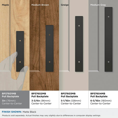 3 Inch Center To Center Rectangle Matte Black Cabinet Pull Backplate BP37601MB shown on various wood finishes