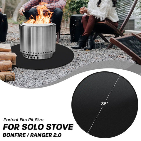 36 Inch Round Fire Pit Mat For Outdoor Grills And Portable Stoves Fireproof Fiberglass Under Grill Mat To Shield Deck From Sparks And Grease Versatile Camping Accessory For Fire Pit Setup beneath a solo stove with people seated nearby.