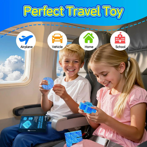 Kids using 4 In 1 Glow In The Dark Blue Magnetic Fidget Spinner Set With Magnetic Building Blocks in airplane