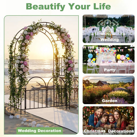 7ft Metal Garden Arbor With Gate Two In One Trellis for Climbing Plants, decorated for weddings with flowers, beach setting