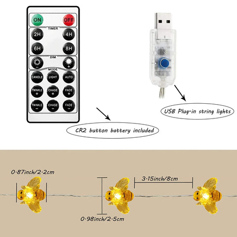 Bee String Lights 40 LED With Remote, 8 Modes, USB Powered Waterproof Fairy Lights For Indoor Outdoor Parties Weddings Garden And Christmas Decor, Includes Timer Function For Easy No Fuss Ambience