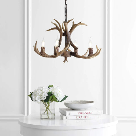 26 Inch Brown Resin Faux Horn Antler Chandelier 4 Light Rustic Farmhouse Hanging Light for Dining Room Living Room Cabin