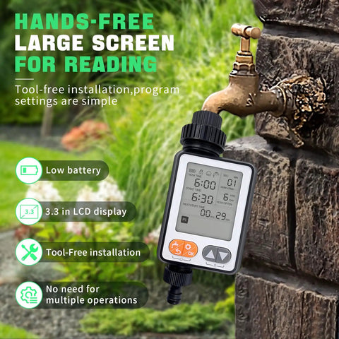 Water Timer For Garden Hose With Auto Rain Delay And 10 Programmable Schedules, 3.3 Inch Large LCD Display, IP54 Waterproof