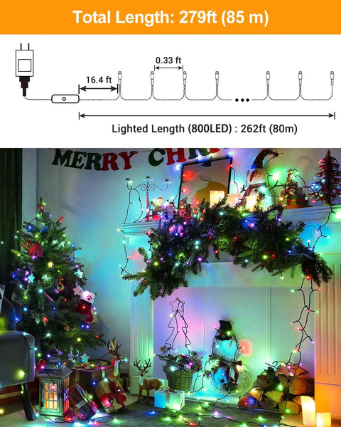 Epic 270 Ft 800 LED Color Changing Christmas Lights With Remote Memory Function And 4H 6H 8H Timer lit in living room
