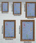 Coastal Kayaking Wall Art Ocean Decor Poster Abstract Wave Print Rowing Artwork displayed in various sizes with gold frames on a wall.