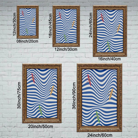 Coastal Kayaking Wall Art Ocean Decor Poster Abstract Wave Print Rowing Artwork displayed in various sizes with gold frames on a wall.
