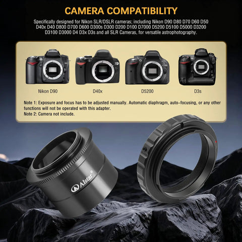 M42 To 2 Inch Telescope Adapter T2 Mount Adapter For Nikon SLR DSLRs with cameras and eyepiece shown