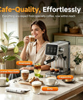 Professional 20 Bar Espresso Coffee Machine With Snappy Led Touchscreen brewing lattes and cappuccinos in a cozy home.