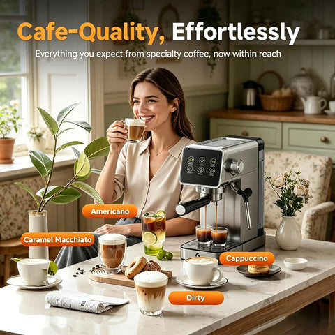 Professional 20 Bar Espresso Coffee Machine With Snappy Led Touchscreen brewing lattes and cappuccinos in a cozy home.