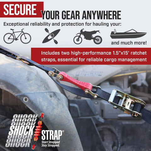 Shock Absorbing Ratchet Straps For Cargo 15 Ft By 1.5 In Beefy Heavy Duty Tie Downs 1000 Lb WLL 3000 Lb Break Strength 2 Pack in use