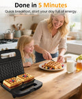 3 In 1 Waffle, Grill And Sandwich Maker With Removable Nonstick Plates, making waffles on a table with mother and child nearby