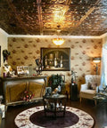 Living room with Antique Gold Lilies And Swirls PVC Ceiling Tile 2x2 Ft Lay-In Or Glue-Up, decorative ceiling installation