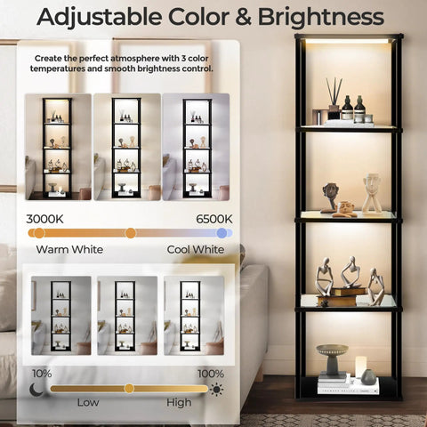 Display Shelf Floor Lamp With Dimmable LED Three Color Temperatures Glass Curio Cabinet Shelves Remote Control Sturdy Design For Collectibles And Books Lit Showpiece For Your Living Room Black Finish showcasing adjustable color and brightness settings.