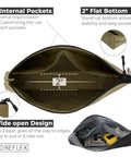 Heavy Duty Tool Pouch Set Large 12 Inch Zipper Bags With Flat Bottom YKK Zippers 3 Pack showcasing interior and 2-inch flat base.