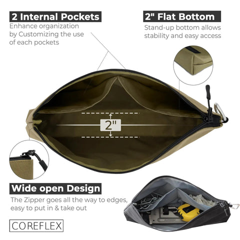 Heavy Duty Tool Pouch Set Large 12 Inch Zipper Bags With Flat Bottom YKK Zippers 3 Pack showcasing interior and 2-inch flat base.