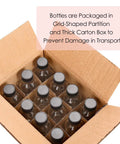 12 Pack 2 Oz 60ml Clear Glass Bottles With Lids And 3 Stainless Funnels Travel Set For Wellness Oils Juices Serums And Samples Leakproof Mini Bottles For Health Care And Beauty On The Go shown packaged in a box with grid partition