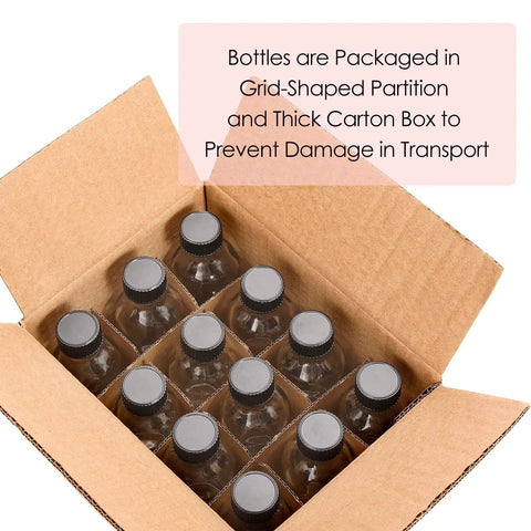 12 Pack 2 Oz 60ml Clear Glass Bottles With Lids And 3 Stainless Funnels Travel Set For Wellness Oils Juices Serums And Samples Leakproof Mini Bottles For Health Care And Beauty On The Go shown packaged in a box with grid partition
