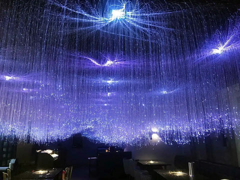 Dope PMMA Plastic Fiber Optic Strands 100 Piece Kit 0 04 Inch Diameter By 9 8 Feet Length Side Glow Wire glowing in a decorative ceiling installation.