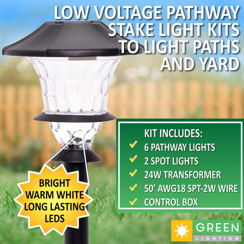 Low Voltage LED Landscape Lighting Kit 8 Pack With 6 Stake Lights And 2 Flood Spotlights Plus Transformer For Outdoor Pathways