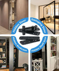 Collage showcasing stainless steel hidden door hinge pivot for secret rooms and concealed bookcase with 360-degree swing system.