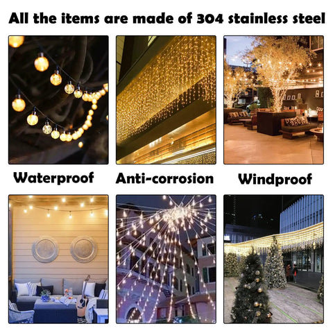 String Light Hanging Kit With 200 Feet Nylon Coated Stainless Steel Wire Rope For Outdoor Parties And Porches in various setups