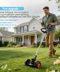 Man using Powerful Cordless Weed Wacker With 21V Battery, 3 In 1 Brush Cutter And Lawn Trimmer, Wheel Mounted for easy mobility in garden