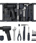 25 Piece Household Tool Kit With 16V Brushless Drill, Three Eighths Inch Keyless Chuck, Smart Display And 50 Nm Torque, 32 Settings, LED Light, Hammer, Wrench, Pliers, Drill Bits And Bit Tips For Home Repairs displayed in a case