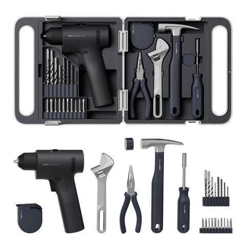 25 Piece Household Tool Kit With 16V Brushless Drill, Three Eighths Inch Keyless Chuck, Smart Display And 50 Nm Torque, 32 Settings, LED Light, Hammer, Wrench, Pliers, Drill Bits And Bit Tips For Home Repairs displayed in a case