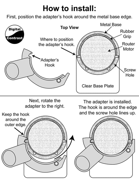 Installation diagram for Router Hose Adapter For Trim Routers Fits DCW600 And DWP611 To Festool 27mm And 36mm Hoses.