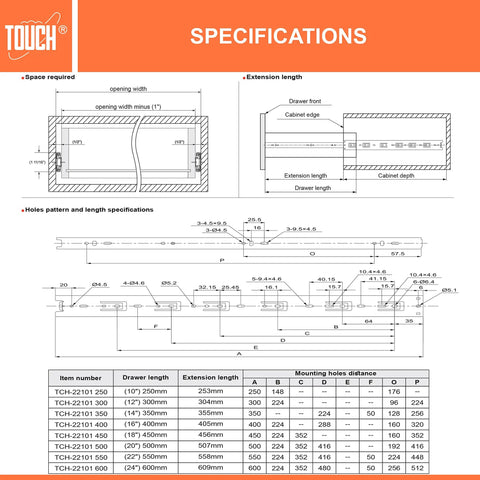 Specifications diagram for Heavy Duty Full Extension Drawer Slides With Ball Bearing 14 Inch Side Mount Rails Auto Lock Smooth Silent Glides