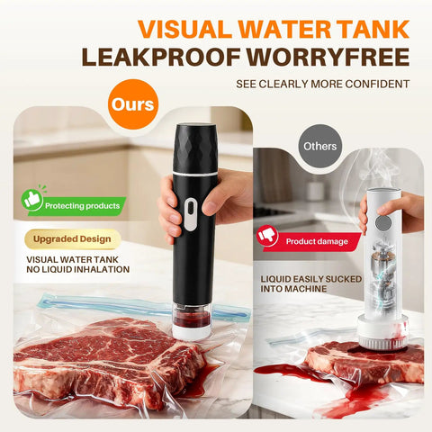 Compact Handheld Vacuum Sealer For Food Storage And Meal Prep, cordless design showing leakproof visual water tank feature
