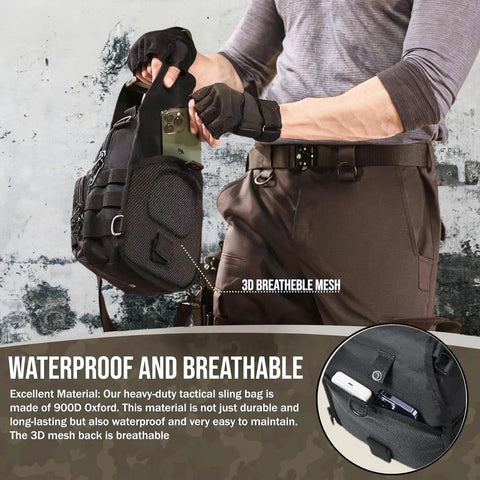 Man holding Lightweight Tactical Shoulder Sling Bag for Men, compact outdoor chest pack with waterproof 900D Oxford material.