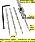 Badass Three Piece Number Six Tapered Drill Bits Provide Knockout Countersinking Results With Standard Double Flute Design And Heavy Duty Round Shank To Make Your Next Woodworking Project A Breeze - 9/64 inch replacement bits with carbide tips and round shank.