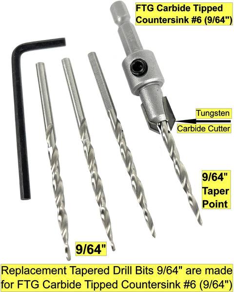 Badass Three Piece Number Six Tapered Drill Bits Provide Knockout Countersinking Results With Standard Double Flute Design And Heavy Duty Round Shank To Make Your Next Woodworking Project A Breeze - 9/64 inch replacement bits with carbide tips and round shank.