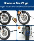 Using the Premium Spiral Screw Tire Repair Kit With 61 Heavy Duty Rubber Plugs on a motorcycle tire.