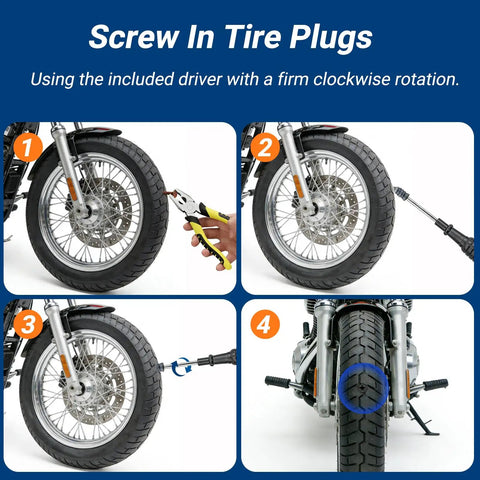 Using the Premium Spiral Screw Tire Repair Kit With 61 Heavy Duty Rubber Plugs on a motorcycle tire.