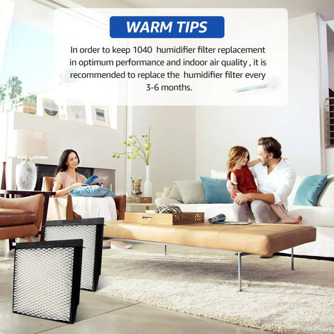 Family in living room with humidifier wick filter replacements, focus on Humidifier Wick Filter Replacement Pack Of 4 For Essick Aircare Humidifier Models B40 B40 C 3D6 100 5D6 700 7D6 100 B23 710 B23 810 D46 720 MA 0300 MA 0500 TD6 710 E27 000 E35 000 Beige in foreground.